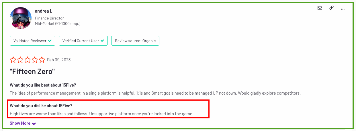 15Five Customer review on G2