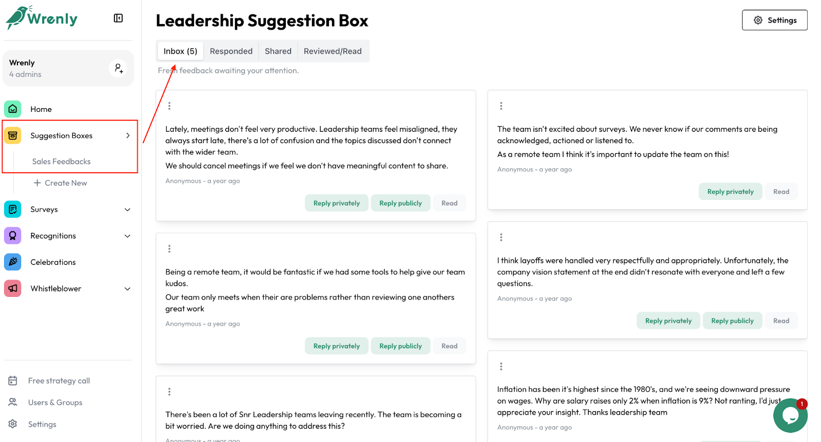 Screenshot of how an employer can see anonymous feedback