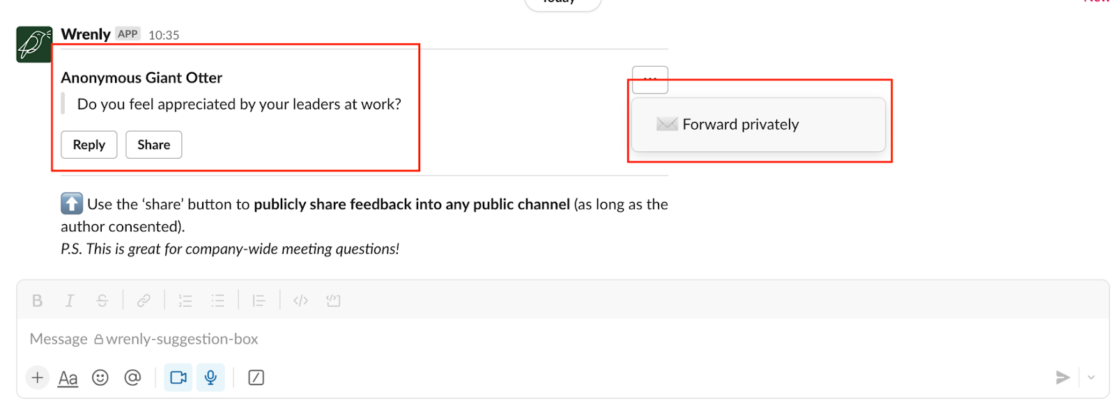 A screenshot of how employees can share feedback on Slack