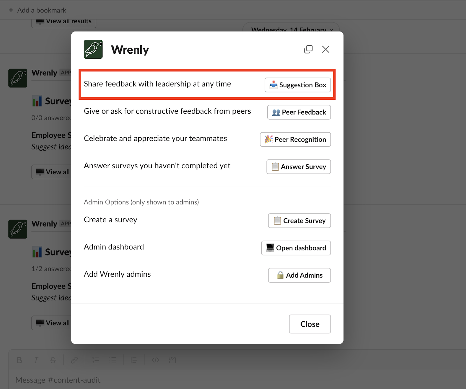 Screenshot of employee creating suggestion box on Slack