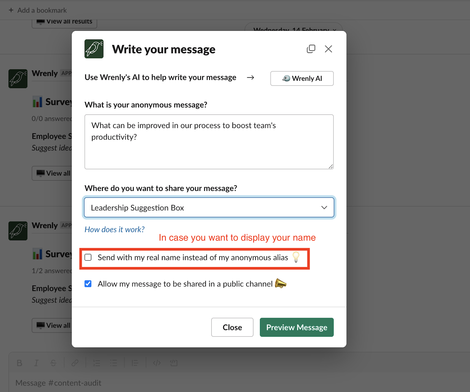 Screenshot of using Wrenly AI to help you write a great anonymous message
