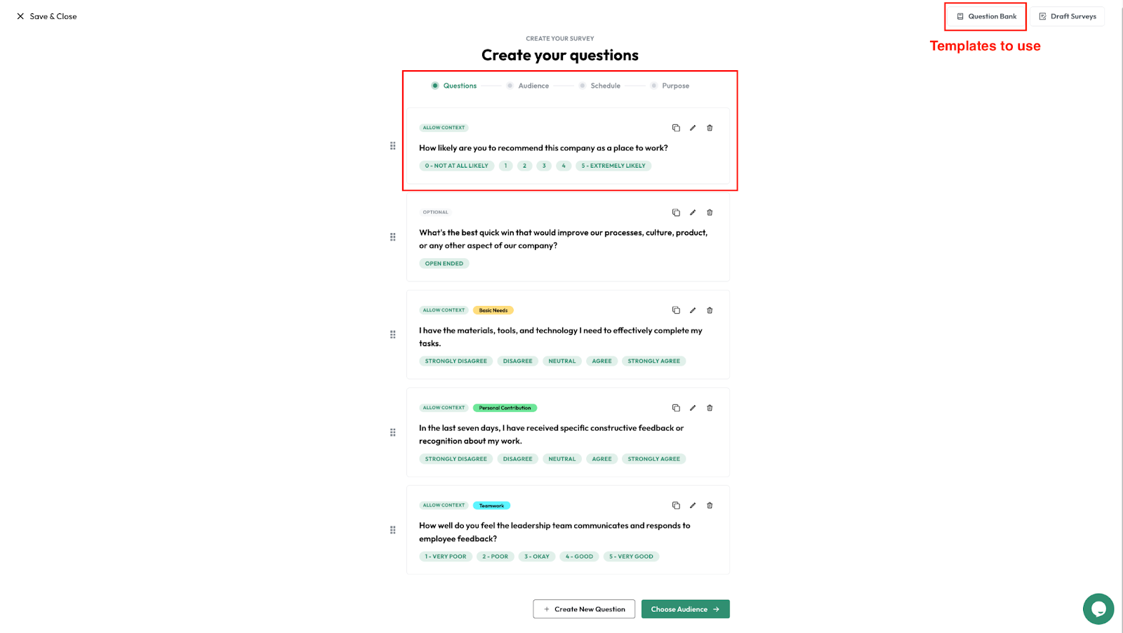 Screenshot of creating employee survey on Wrenly