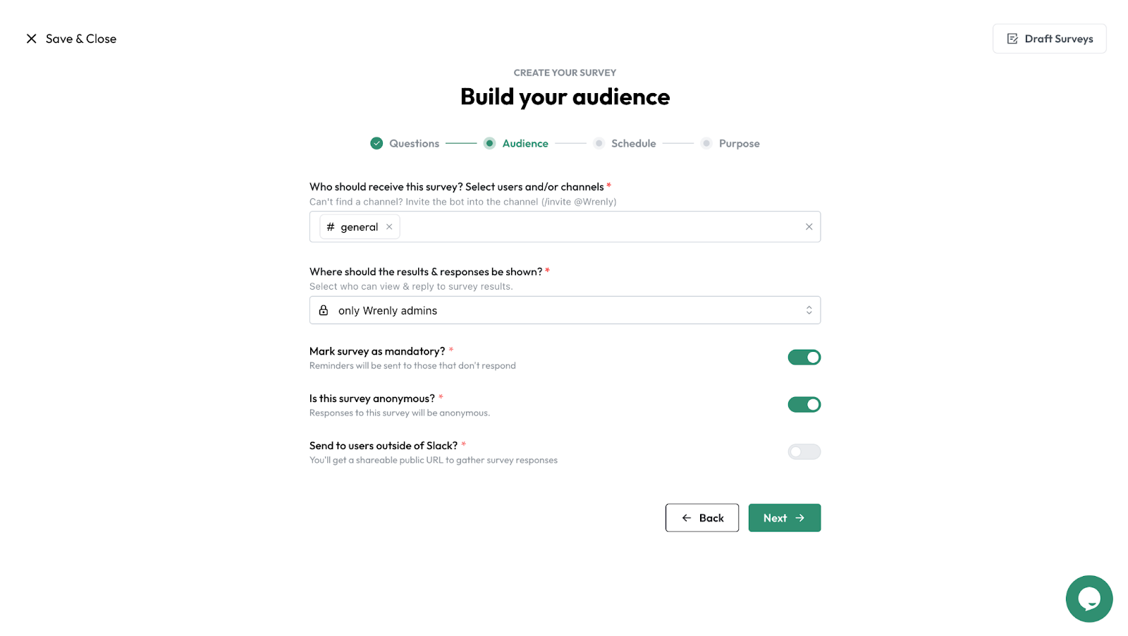 Screenshot of building audience for online survey