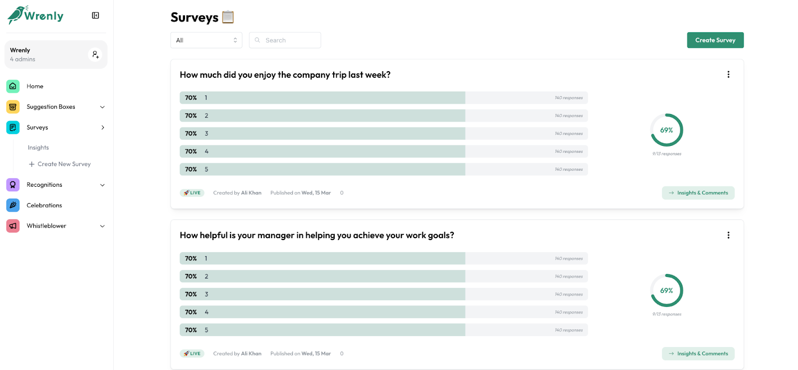 Screenshot of collected online employee survey on Wrenly