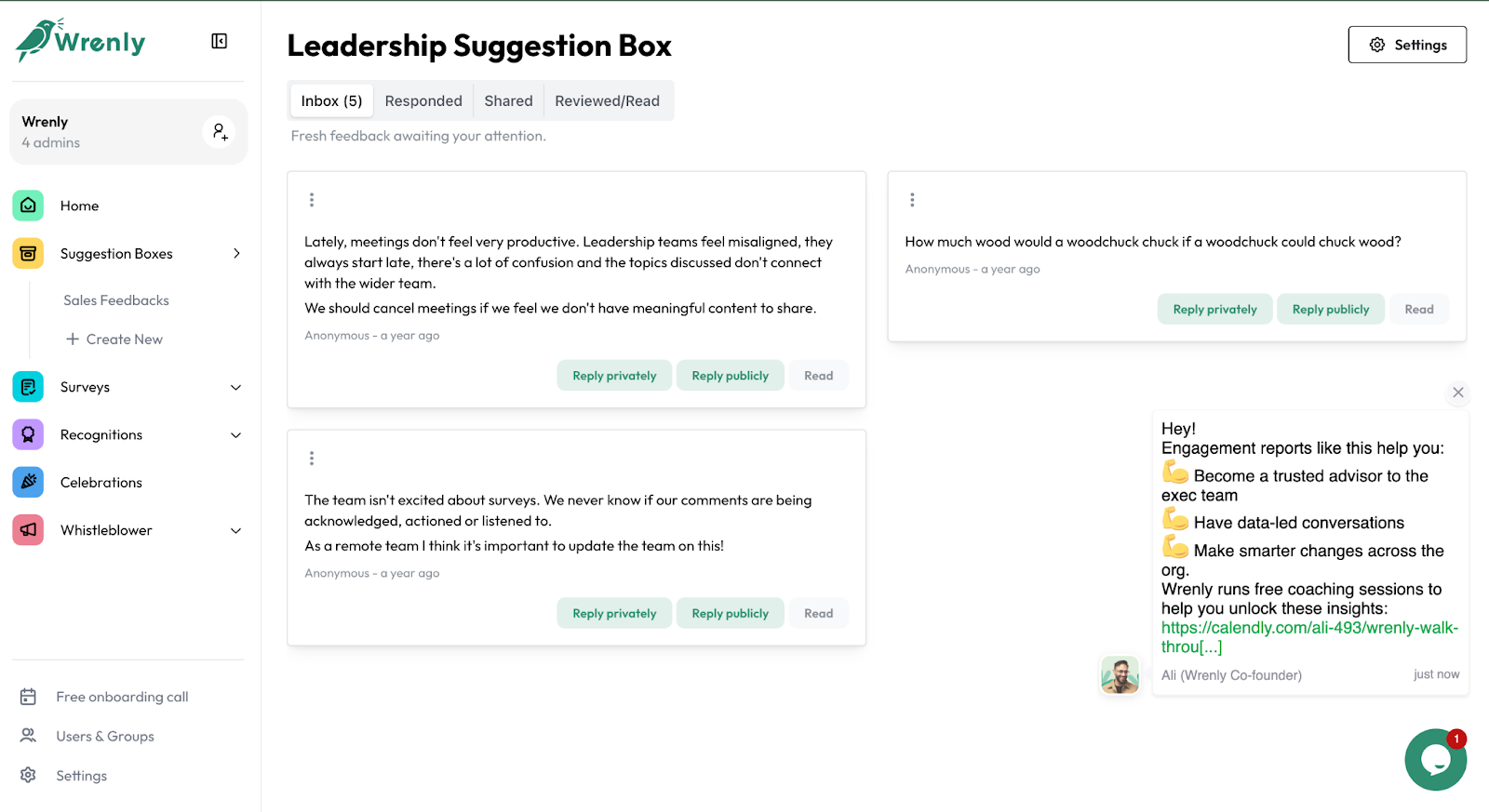 screenshot of collected anonymous suggestion feedback