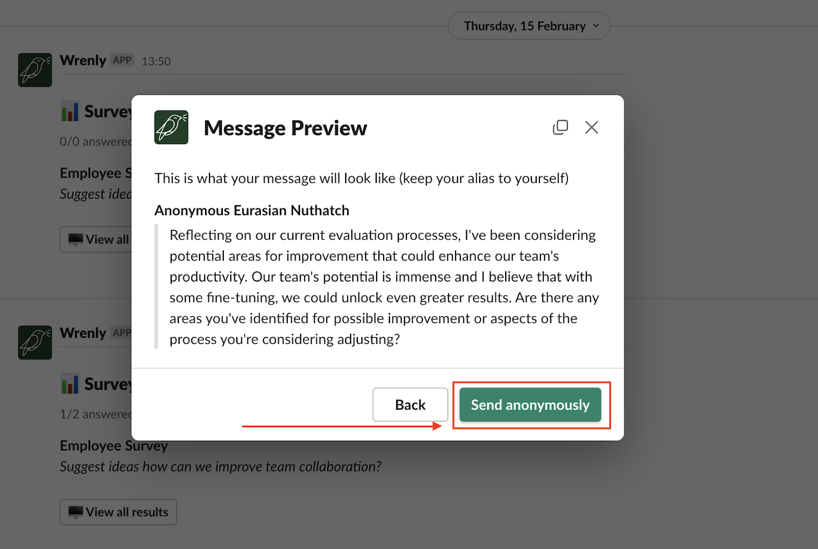 Screenshot of anonymous suggestion box message preview