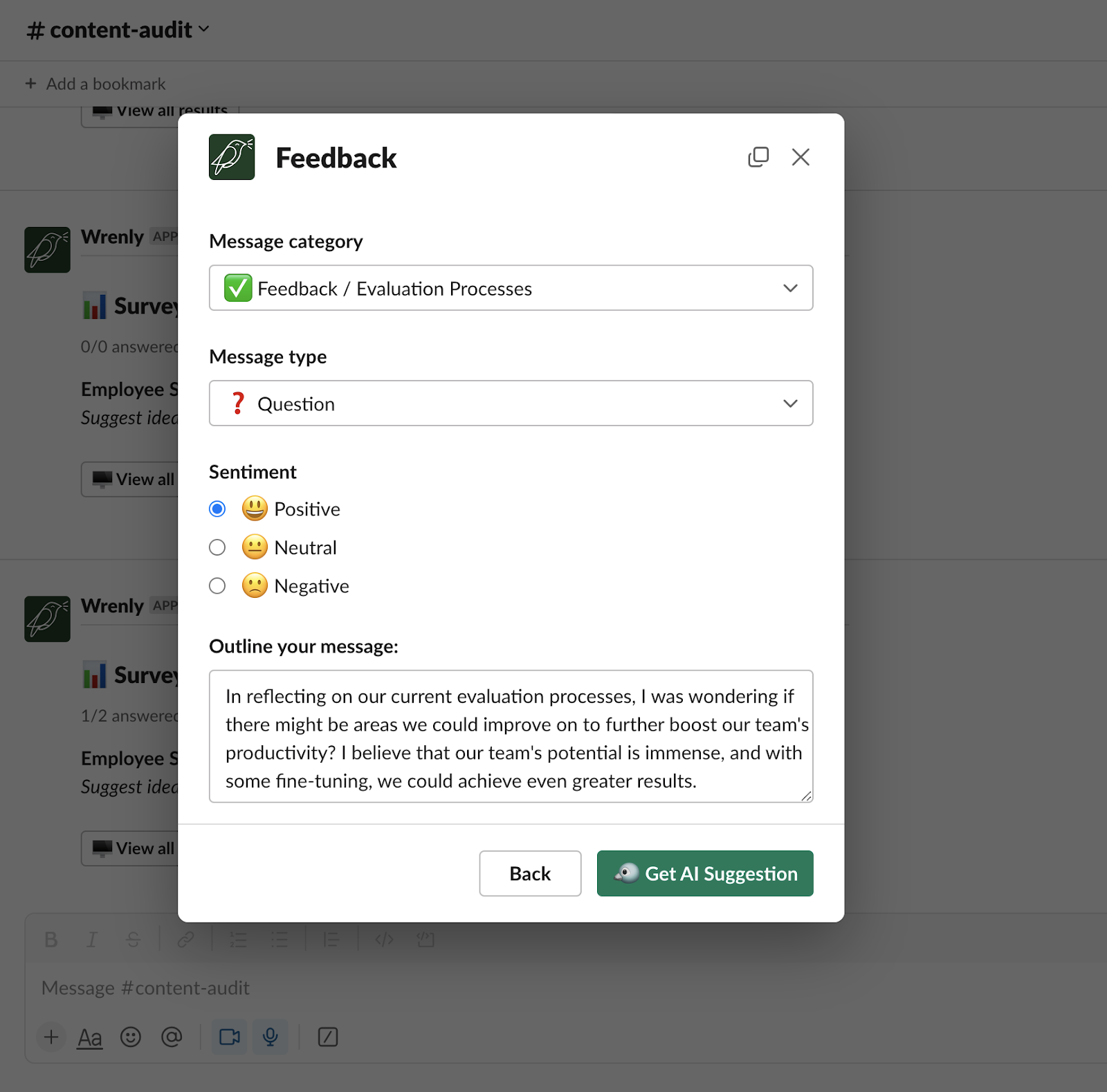 Screenshot of Wrenly AI suggesting a message based on feedback themes