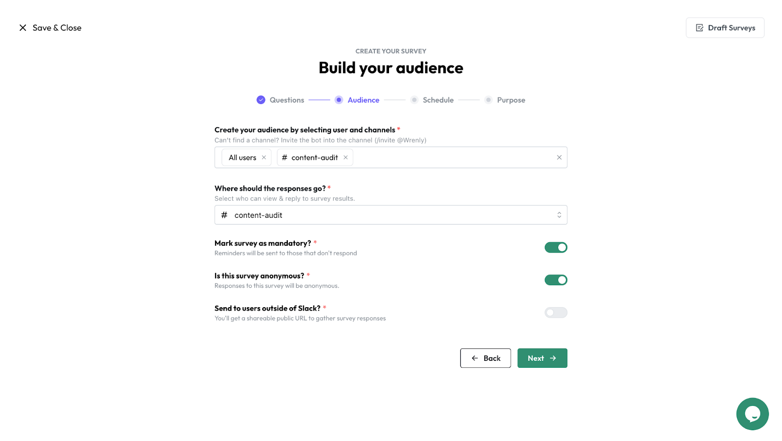 screenshot of creating audience for online survey on Slack