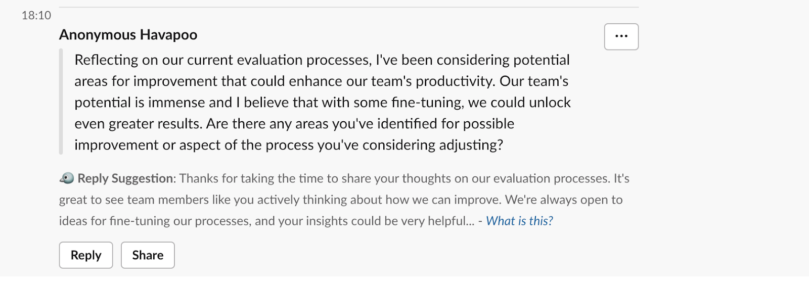 Screenshot of anonymous employee feedback on Slack