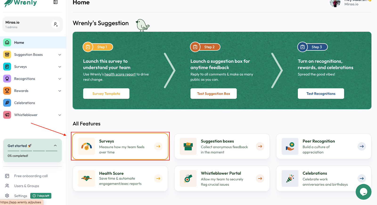 Screenshot of Wrenly dashboard annotating Surveys