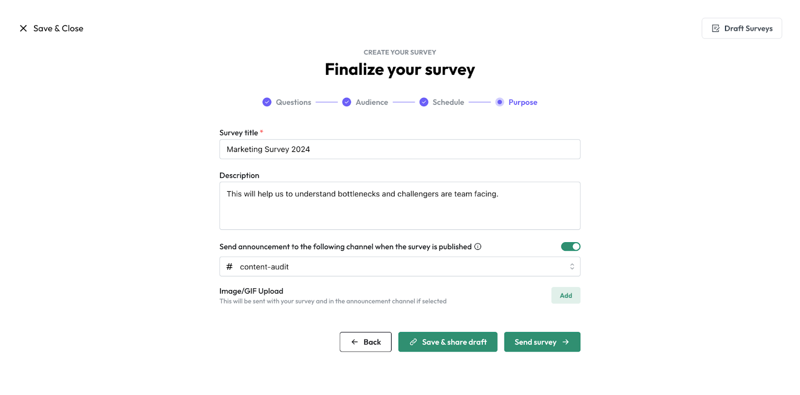 Screenshot of finalizing survey on Wrenly