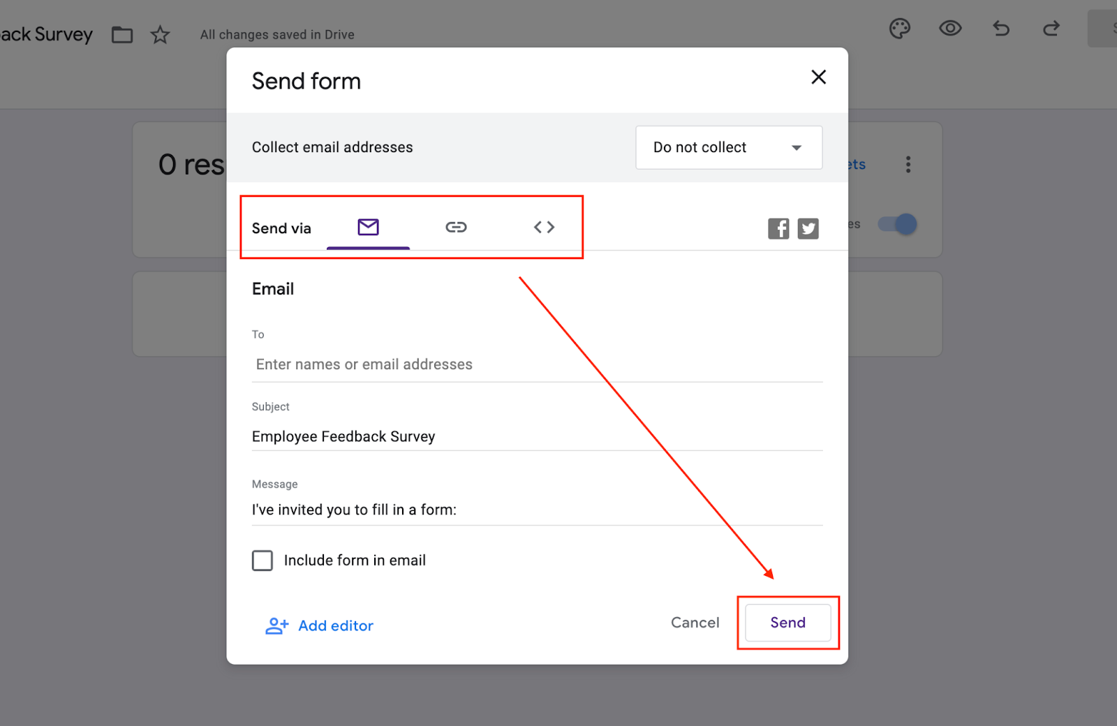 Screenshot of sending survey on Google forms