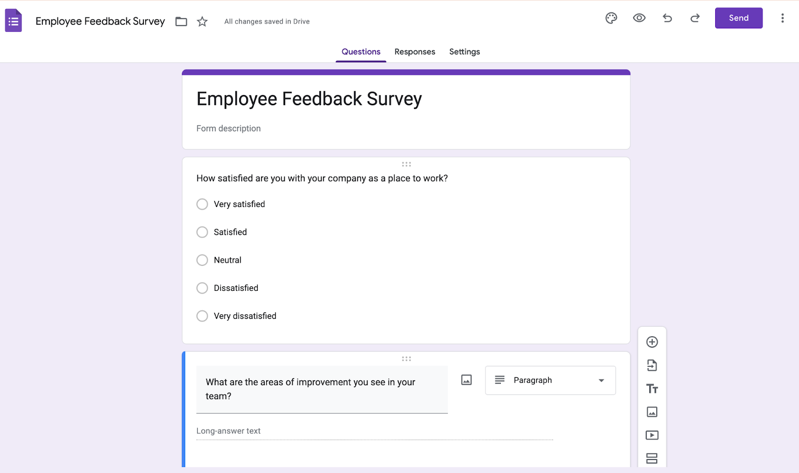 Screenshot of crafting questions for online survey on