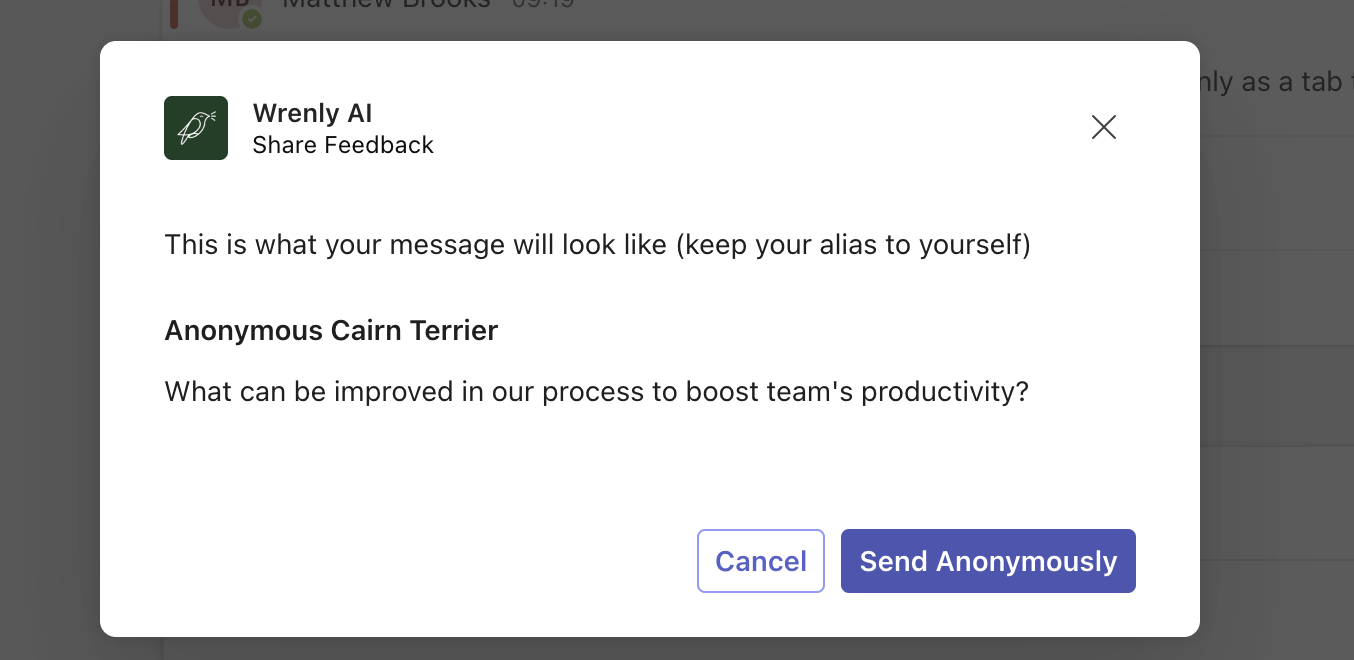Screenshot of previewing anonymous employee feedback message