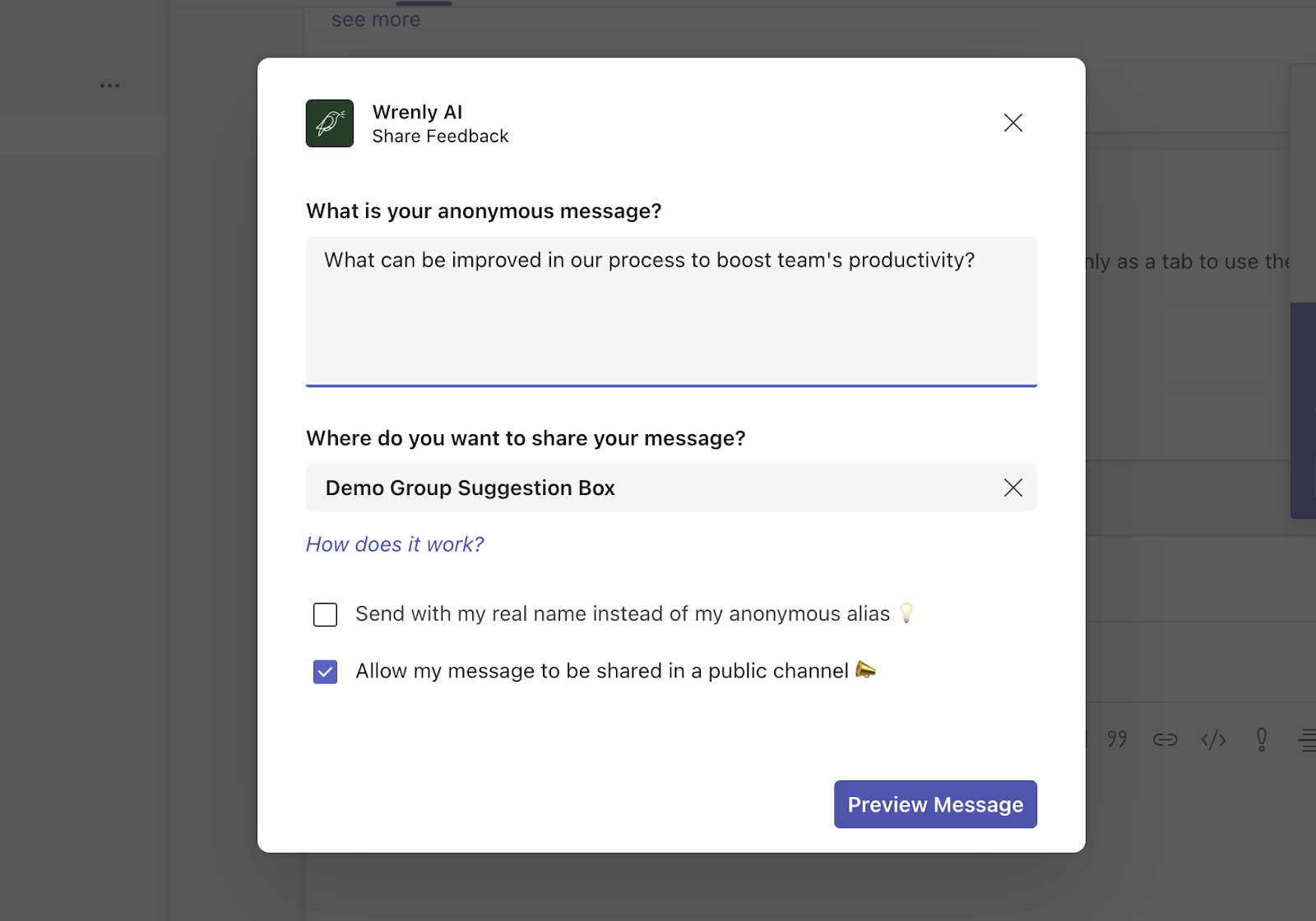 Screenshot of writing an anonymous feedback message
