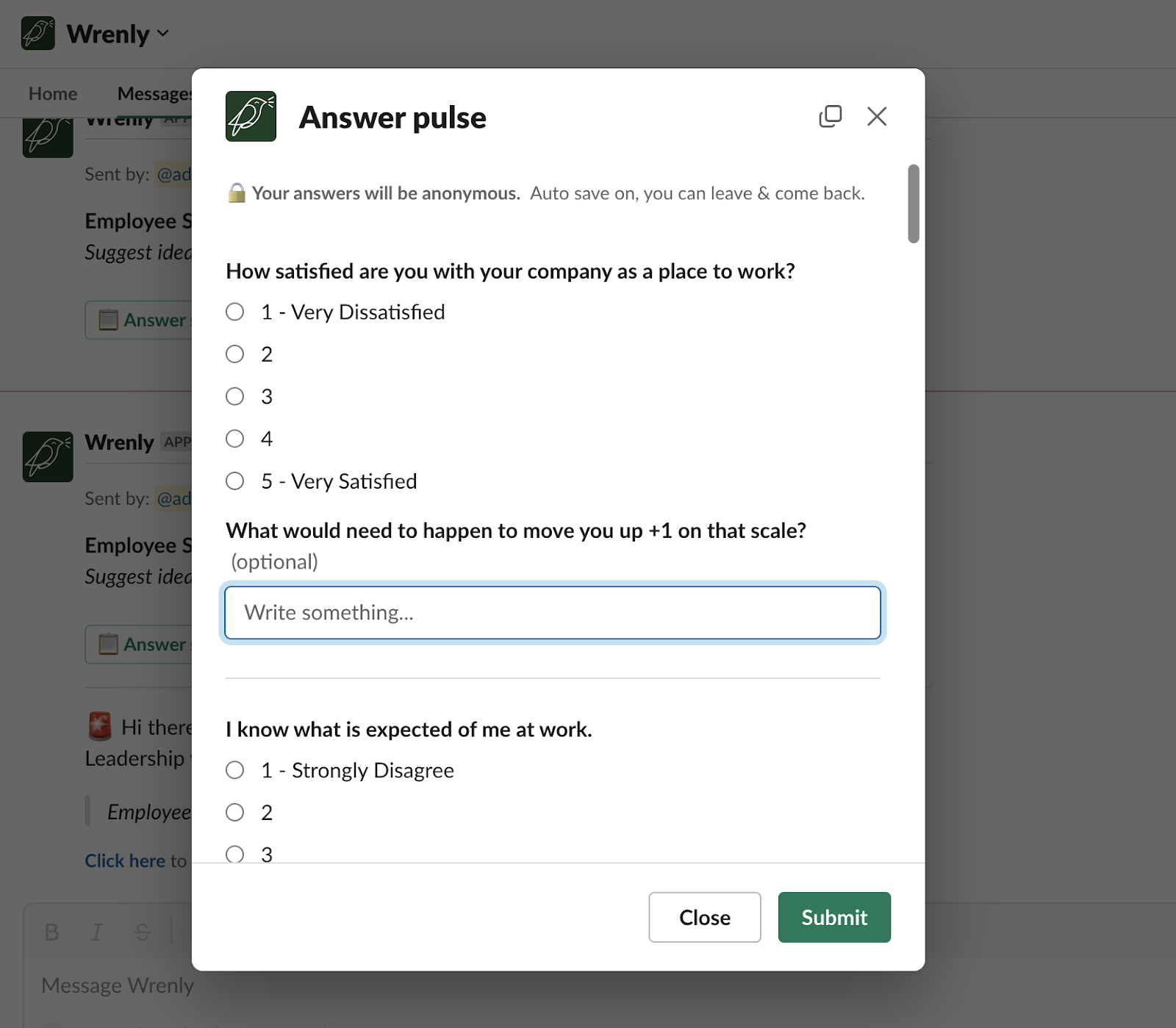 Employee feedback survey on Slack using Wrenly