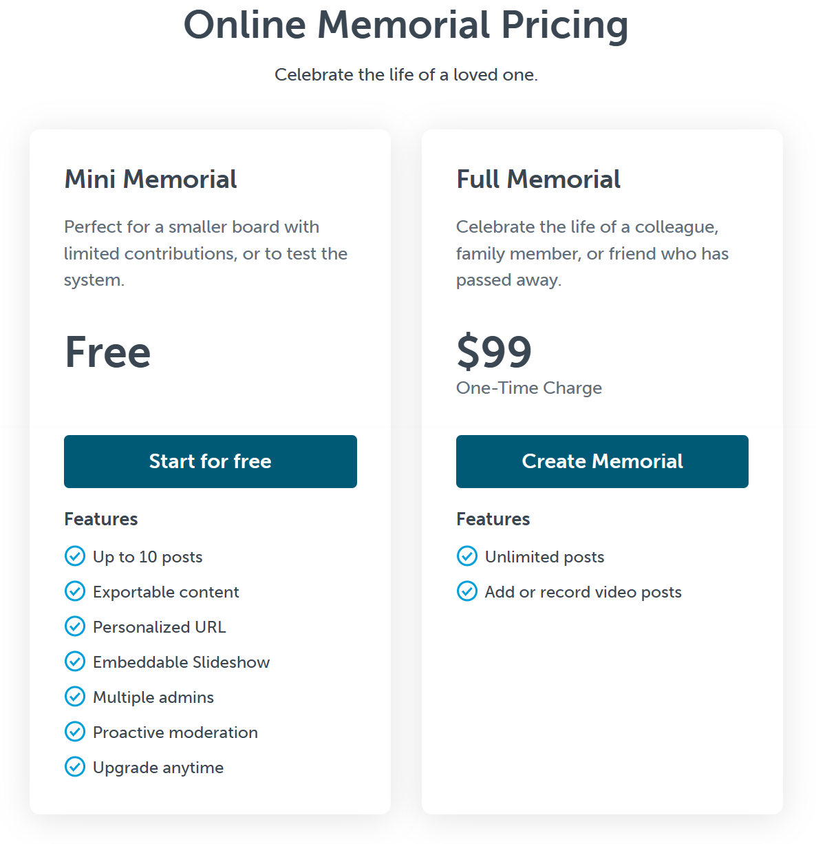 Kudoboard memorial pricing plan