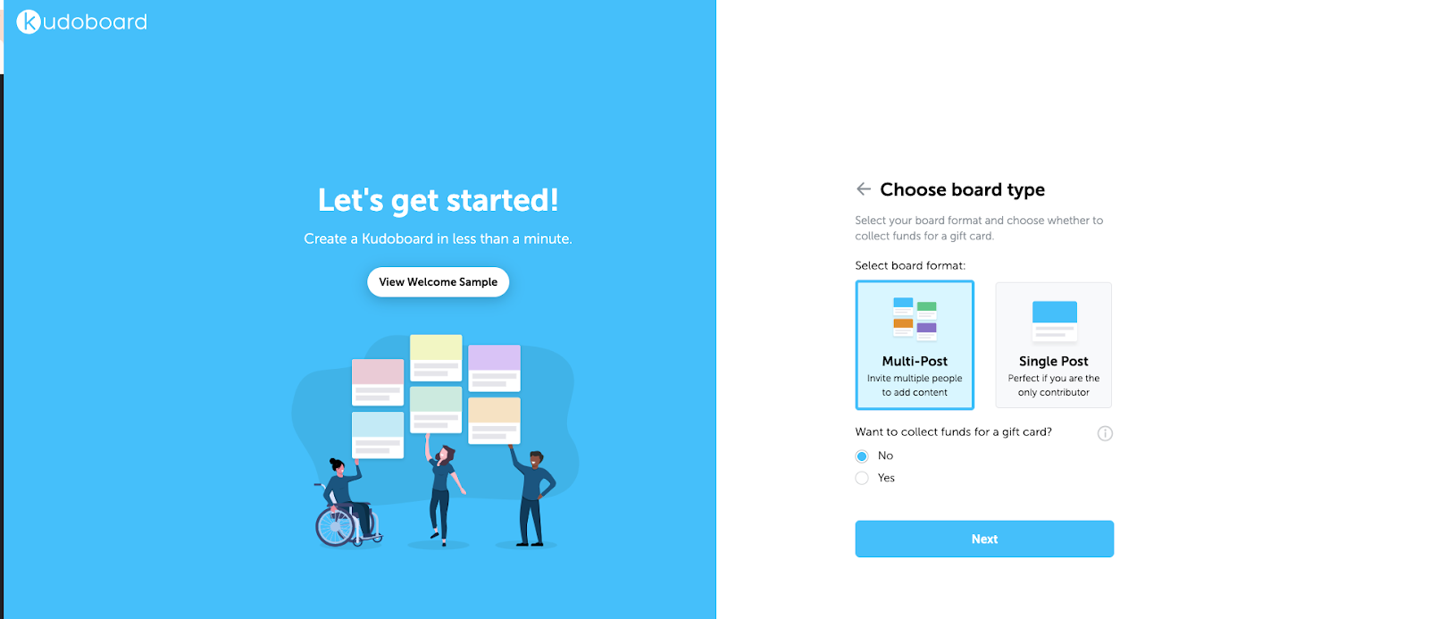 Screenshot of selecting board type for our kudoboard