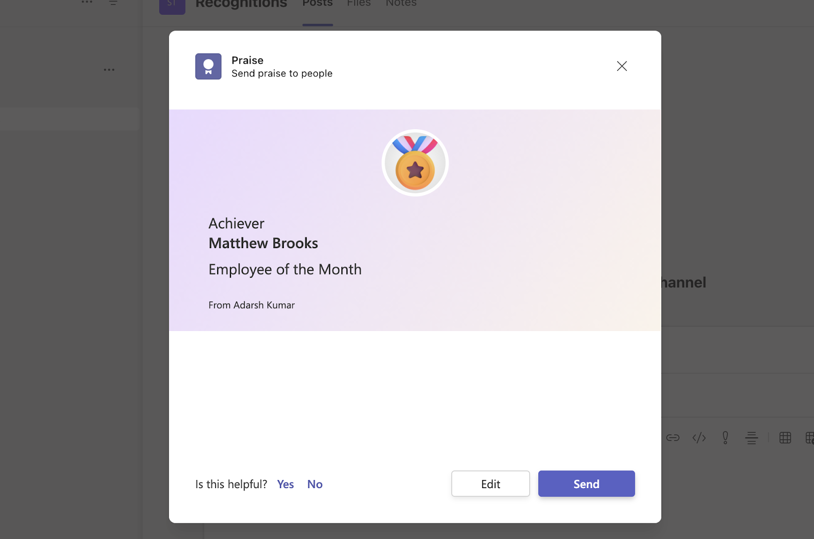 employee recognition in MS Teams
