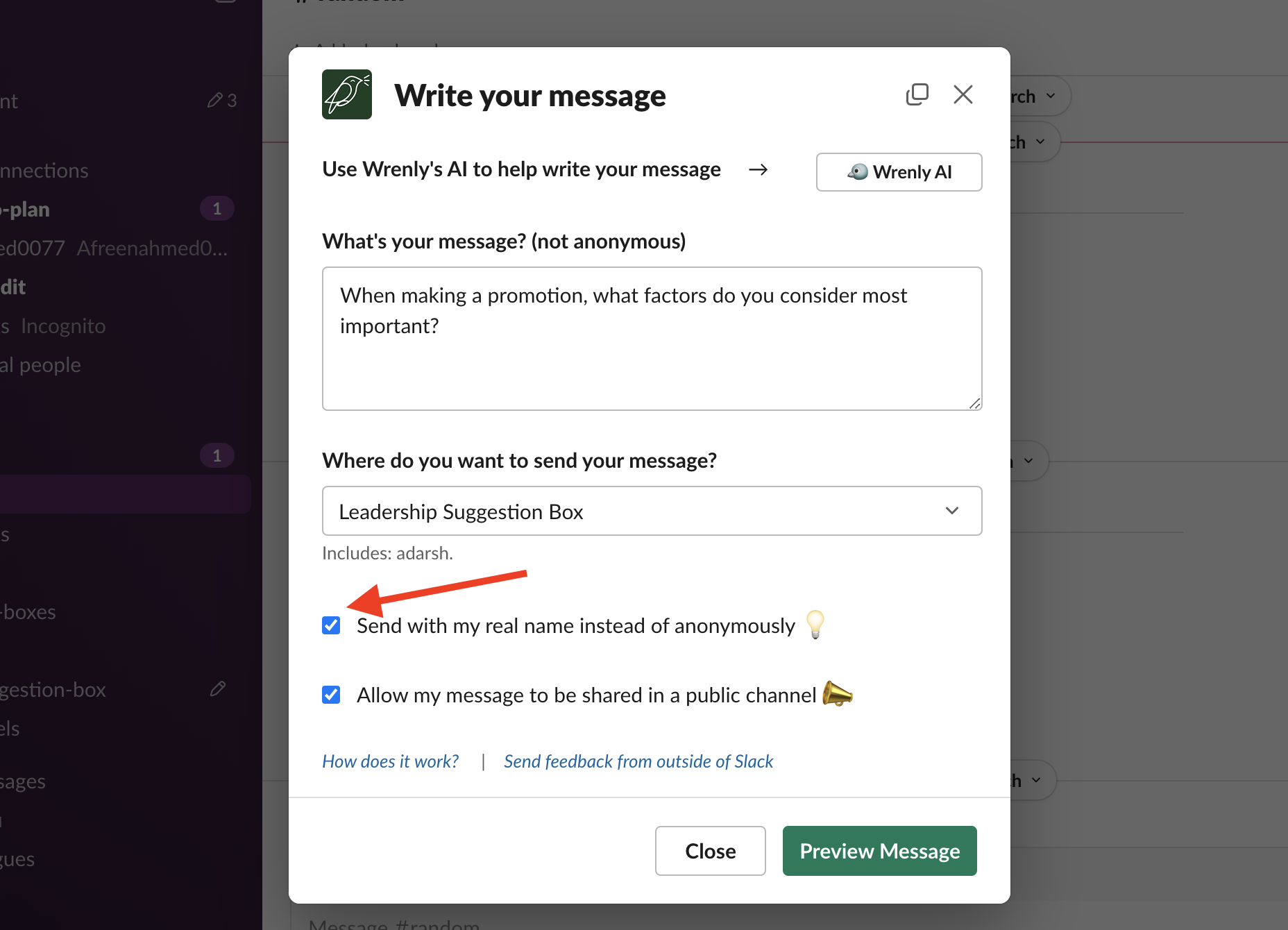 Asking questions to leader with real name using Wrenly